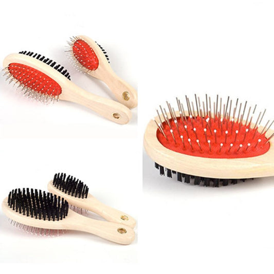 Dual-Use Needle Comb and Brush with Wooden Handle