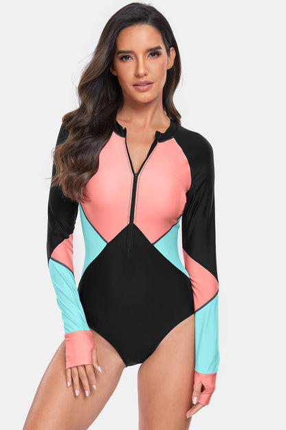 Half Zip Long Sleeve One-Piece Swimsuit