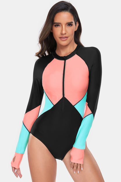 Half Zip Long Sleeve One-Piece Swimsuit